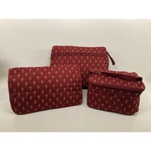 90s Oscar de la Renta Makeup Cosmetic Case Bag Travel Set Burgundy Fleur de Lis